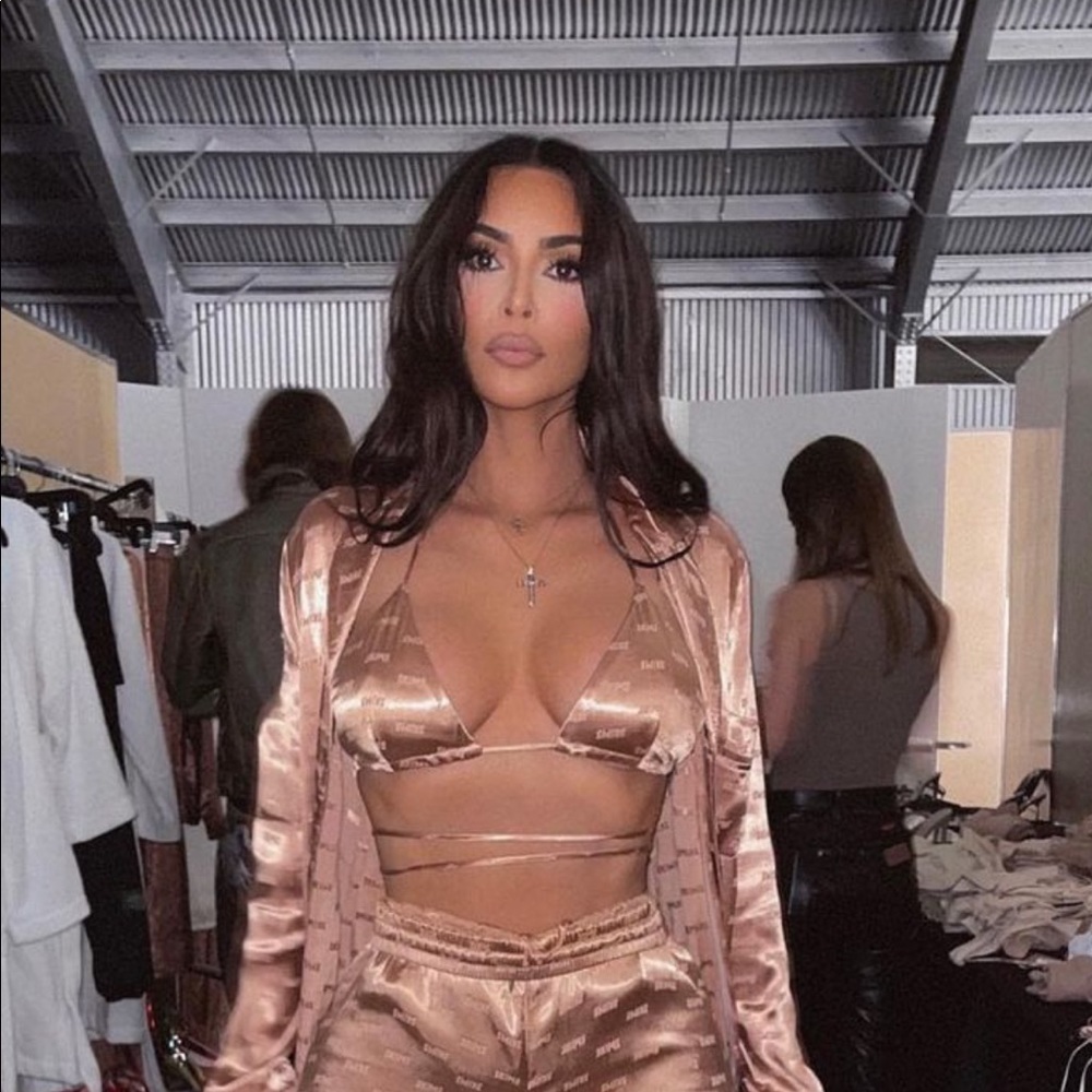 SKIMS Satin Logo Triangle Bra and Wrap Top in Rose Gold
